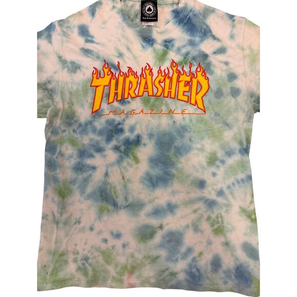 Thrasher Tie Dye stained thrashed Medium casual shirt blue green skater punk - Picture 2 of 5